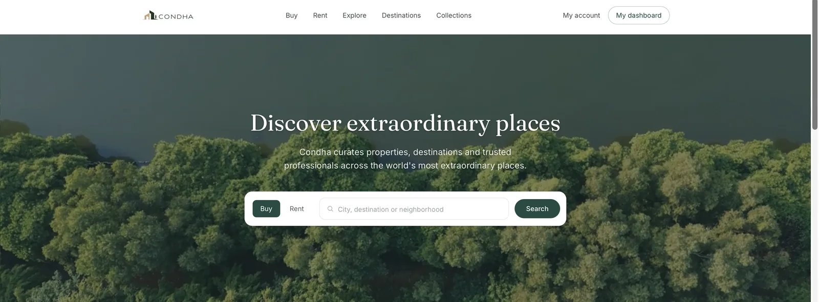 Condha homepage with map-based property discovery