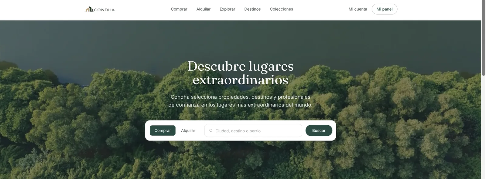Página de inicio de Condha con descubrimiento de propiedades por mapa