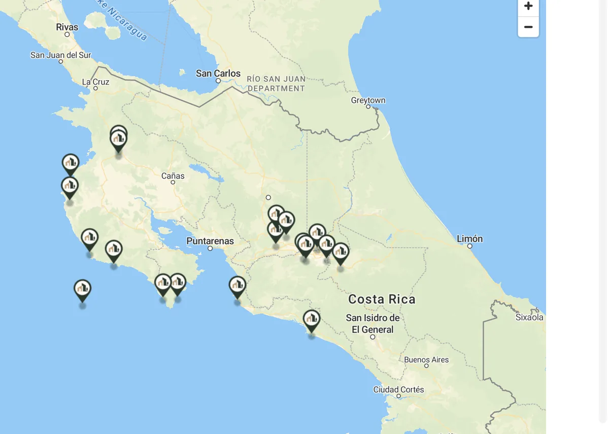 Interactive map-based property search across Costa Rica in Condha